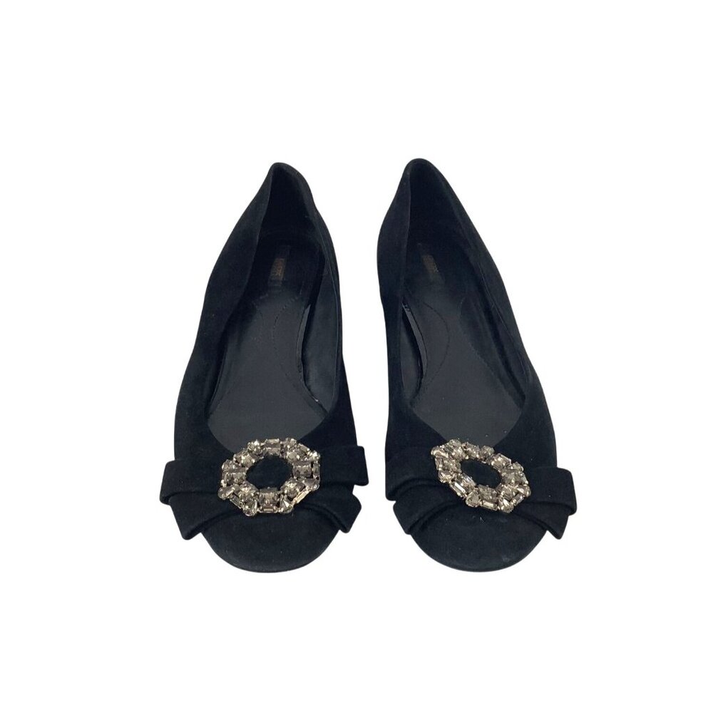 Black Suede Geox Respira Womens Ballet Flats With Rhinestone Buckles Size 9.5